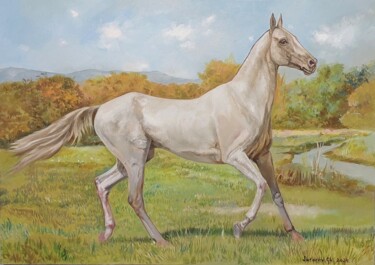 Painting titled "Ahal-teke" by Chary Jafarov, Original Artwork, Oil Mounted on Wood Stretcher frame