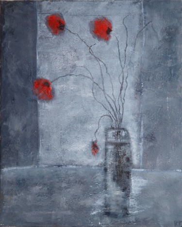 Painting titled "Red on a gray" by Lena Yermolaieva, Original Artwork, Oil