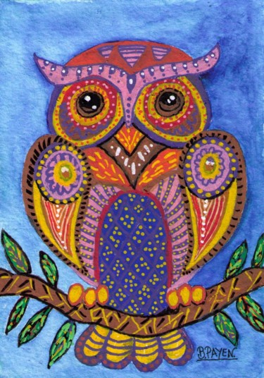 hiboux très coloré. 17x12 cm © par B.PAYEN