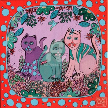 Pintura intitulada "Les trois chats Pois" por Chathibouchouette, Obras de arte originais, Acrílico