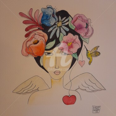 Painting titled "ange demoiselle" by Chathibouchouette, Original Artwork, Watercolor