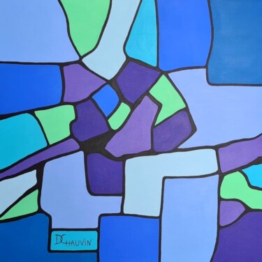 Painting titled "Puzzle Violet bleu" by Dominique Chauvin, Original Artwork, Acrylic Mounted on Wood Stretcher frame
