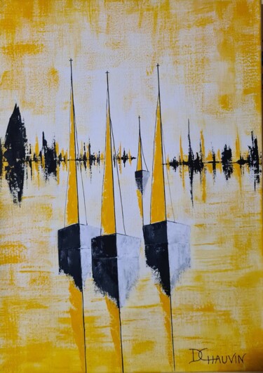 Painting titled "4 voiles jaunes" by Dominique Chauvin, Original Artwork, Acrylic Mounted on Wood Stretcher frame