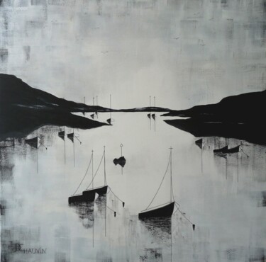 Painting titled "Estuaire N&B" by Dominique Chauvin, Original Artwork, Acrylic Mounted on Wood Stretcher frame