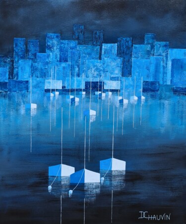 Malerei mit dem Titel "Nuit bleue" von Dominique Chauvin, Original-Kunstwerk, Acryl Auf Keilrahmen aus Holz montiert
