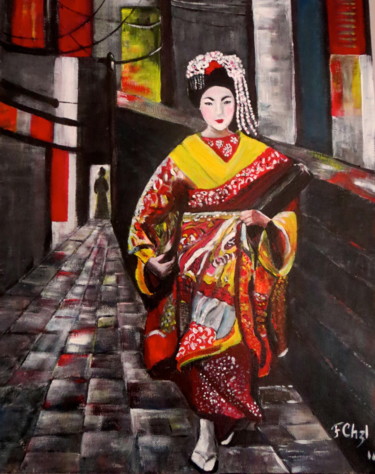 Peinture intitulée "Gheisha à Kyoto" par Chauz, Œuvre d'art originale, Acrylique Monté sur Châssis en bois