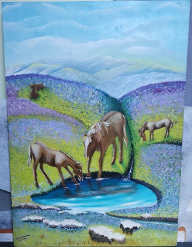 Pintura intitulada "Cavalos bebendo" por Catarina Noval, Obras de arte originais, Óleo