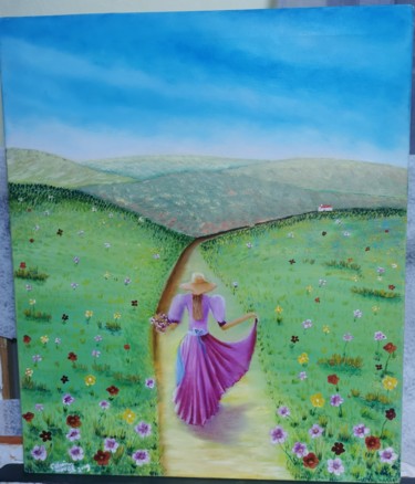 Pintura intitulada "Apanhando flores" por Catarina Noval, Obras de arte originais, Óleo