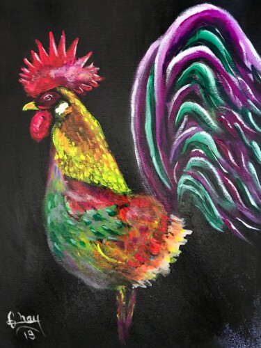 Painting titled "Coq" by Marie-Noelle Chauny, Original Artwork, Acrylic Mounted on Wood Stretcher frame