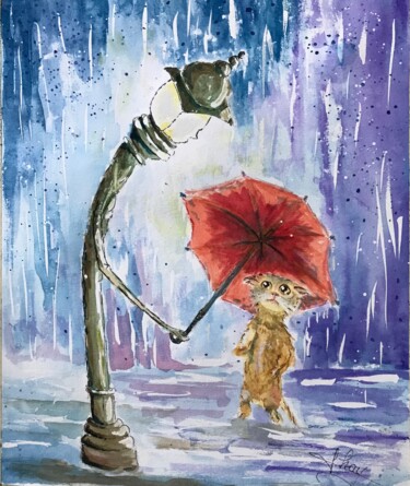 Painting titled "Chaton mouillé" by Marie-Noelle Chauny, Original Artwork, Watercolor