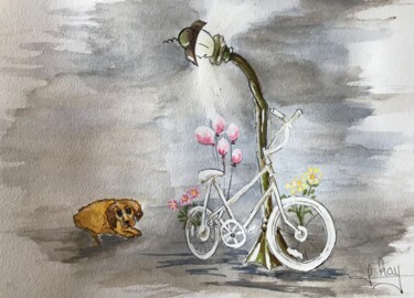 Painting titled "Vélo blanc Accideath" by Marie-Noelle Chauny, Original Artwork, Watercolor