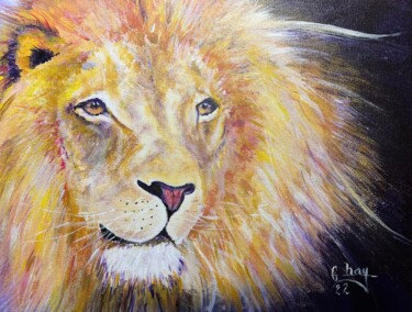 Painting titled "Observateur - LION…" by Marie-Noelle Chauny, Original Artwork, Acrylic Mounted on Wood Stretcher frame