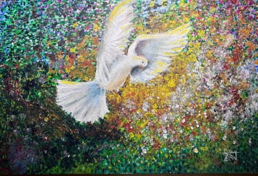 Painting titled "Fly for Peace" by Marie-Noelle Chauny, Original Artwork, Acrylic Mounted on Wood Stretcher frame