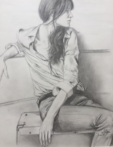 Dessin intitulée "la fille en jean" par Christine Lefevre, Œuvre d'art originale, Crayon