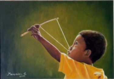 Pintura titulada "Niño con tirachinas" por Mercedes G., Obra de arte original, Oleo