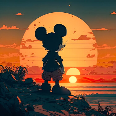 Digital Arts titled "Mickey at sunset" by Cheeky Bunny (Pop Art), Original Artwork, Digital Painting Mounted on Wood Stretch…