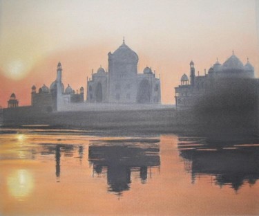 Painting titled "Sun-rise at the Taj…" by Michelle Block, Original Artwork