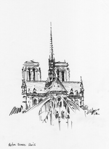 Drawing titled "Notre Dame Paris 01" by Chelo Leyria, Original Artwork, Pencil