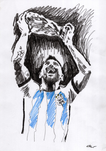 Dibujo titulada "Messi Campeon 10" por Chelo Leyria, Obra de arte original, Lápiz