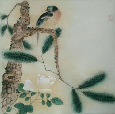 Peinture intitulée "花鳥冊頁之松鳥" par Chen Jun Cao Tang Wu You, Œuvre d'art originale, Encre