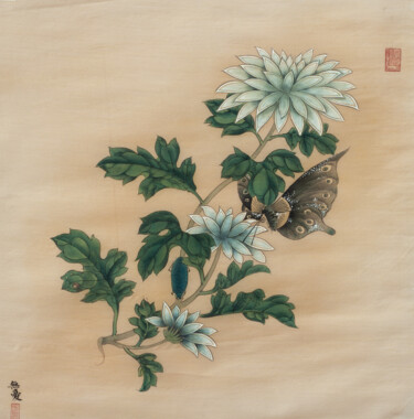 Painting titled "花鳥冊頁之菊蝶" by Chen Jun Cao Tang Wu You, Original Artwork, Ink