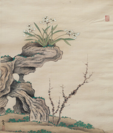 Painting titled "花鳥冊頁之水仙" by Chen Jun Cao Tang Wu You, Original Artwork, Ink