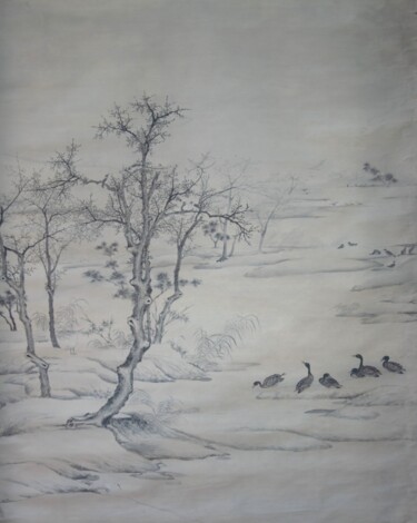 Painting titled "寒汀落雁圖" by Chen Jun Cao Tang Wu You, Original Artwork, Ink