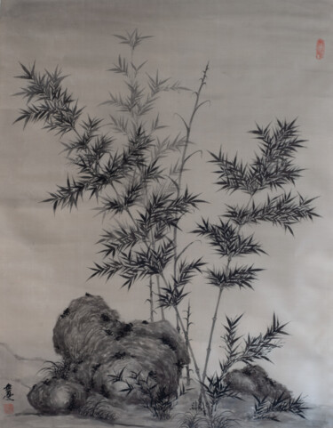 Painting titled "竹石圖" by Chen Jun Cao Tang Wu You, Original Artwork, Ink
