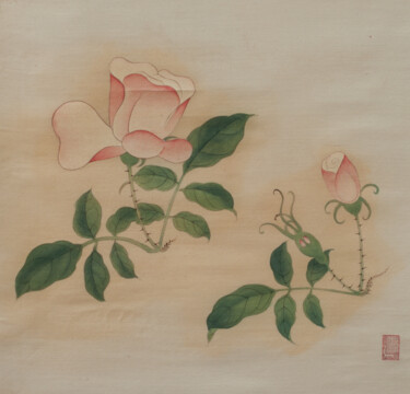 Painting titled "花鳥冊頁之月季" by Chen Jun Cao Tang Wu You, Original Artwork, Pigments