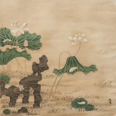 Pintura titulada "花鳥冊頁之荷花" por Chen Jun Cao Tang Wu You, Obra de arte original, Pigmentos