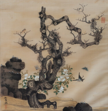 Painting titled "花鳥冊頁之茶梅翩躚" by Chen Jun Cao Tang Wu You, Original Artwork, Pigments