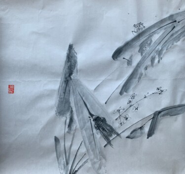 Peinture intitulée "花鳥冊頁之蟬" par Chen Jun Cao Tang Wu You, Œuvre d'art originale, Encre