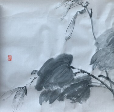 Painting titled "八大花鳥冊頁之萱草" by Chen Jun Cao Tang Wu You, Original Artwork, Ink