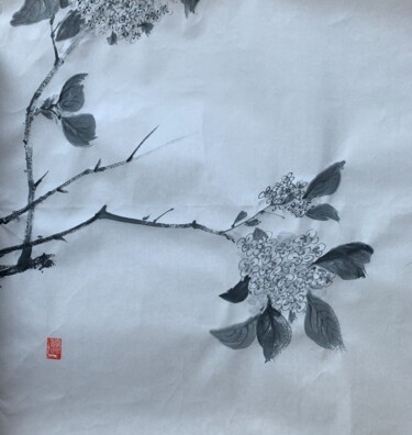 Peinture intitulée "八大花鳥冊頁之綉球花" par Chen Jun Cao Tang Wu You, Œuvre d'art originale, Encre
