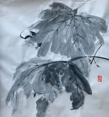 Schilderij getiteld "八大花鳥冊頁之葡萄葉" door Chen Jun Cao Tang Wu You, Origineel Kunstwerk, Inkt