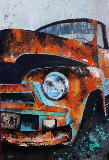 Painting titled "La vieille voiture…" by Nelly Chenard (CheNel), Original Artwork, Acrylic Mounted on Wood Stretcher frame