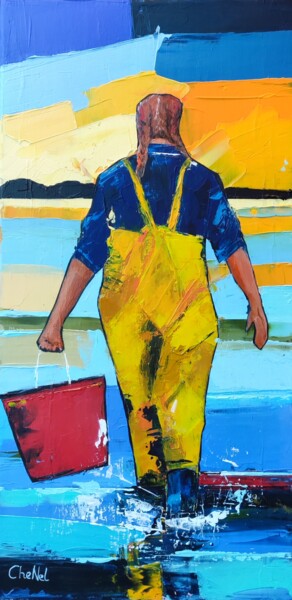 Peinture intitulée "La pêcheuse à pieds" par Nelly Chenard (CheNel), Œuvre d'art originale, Acrylique Monté sur Châssis en b…