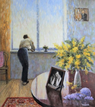 Peinture intitulée "Mimosa for wife" par Tatyana Chepkasova, Œuvre d'art originale, Huile Monté sur Châssis en bois
