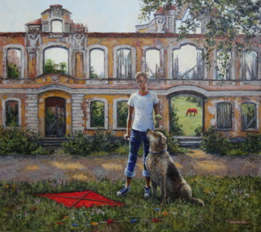 Painting titled "The boy with the dog" by Tatyana Chepkasova, Original Artwork, Oil