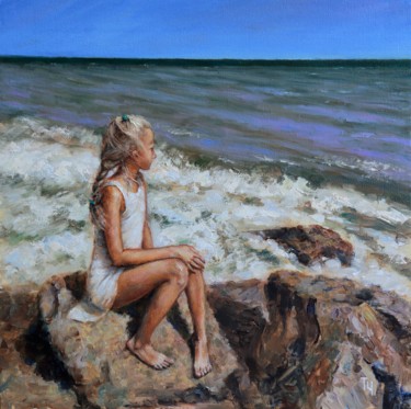 Painting titled "Girl and sea" by Tatyana Chepkasova, Original Artwork, Oil