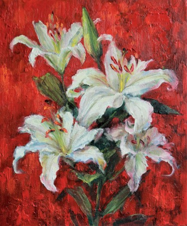 Pintura intitulada "Lilies on red" por Tatyana Chepkasova, Obras de arte originais, Óleo