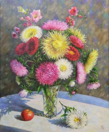 Painting titled "Asters lit by the s…" by Tatyana Chepkasova, Original Artwork, Oil Mounted on Wood Stretcher frame