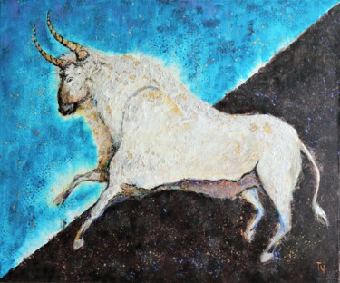 Schilderij getiteld "Heavenly bull" door Tatyana Chepkasova, Origineel Kunstwerk, Acryl Gemonteerd op Frame voor houten bran…