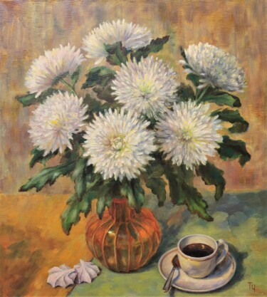 Painting titled "Coffee and chrysant…" by Tatyana Chepkasova, Original Artwork, Oil Mounted on Wood Stretcher frame