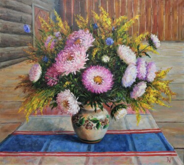 Painting titled "Asters on Grandma's…" by Tatyana Chepkasova, Original Artwork, Oil Mounted on Wood Stretcher frame
