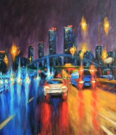 Painting titled "Moscow lights" by Tatyana Chepkasova, Original Artwork, Oil Mounted on Wood Stretcher frame