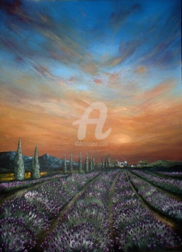 Painting titled "Lavender Field at S…" by Cherie Roe Dirksen, Original Artwork, Acrylic
