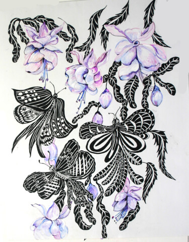Schilderij getiteld "Butterflies and Flo…" door Cheryl Paolini, Origineel Kunstwerk, Acryl