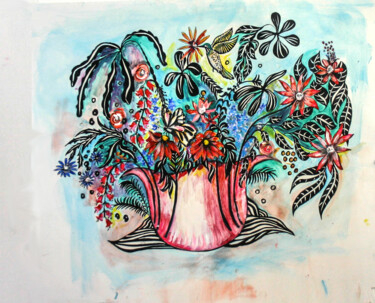 Pittura intitolato "Flowers, Hummingbir…" da Cheryl Paolini, Opera d'arte originale, Acrilico