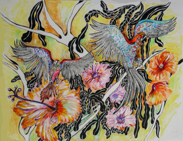 Malerei mit dem Titel "Exotic Birds in Fli…" von Cheryl Paolini, Original-Kunstwerk, Acryl